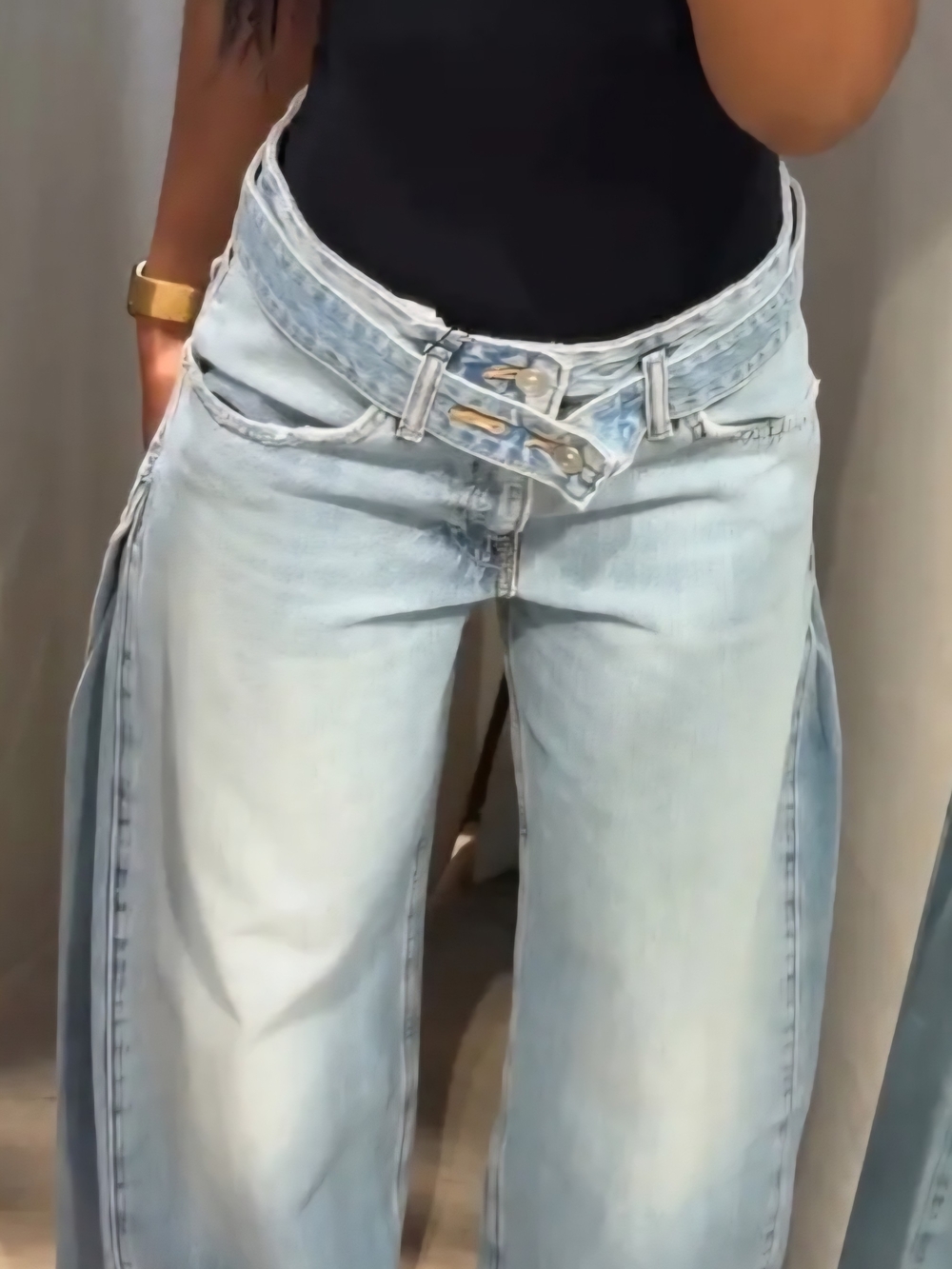Zara Light Blue Wide-Leg Jeans with Double-Buckle Waist
